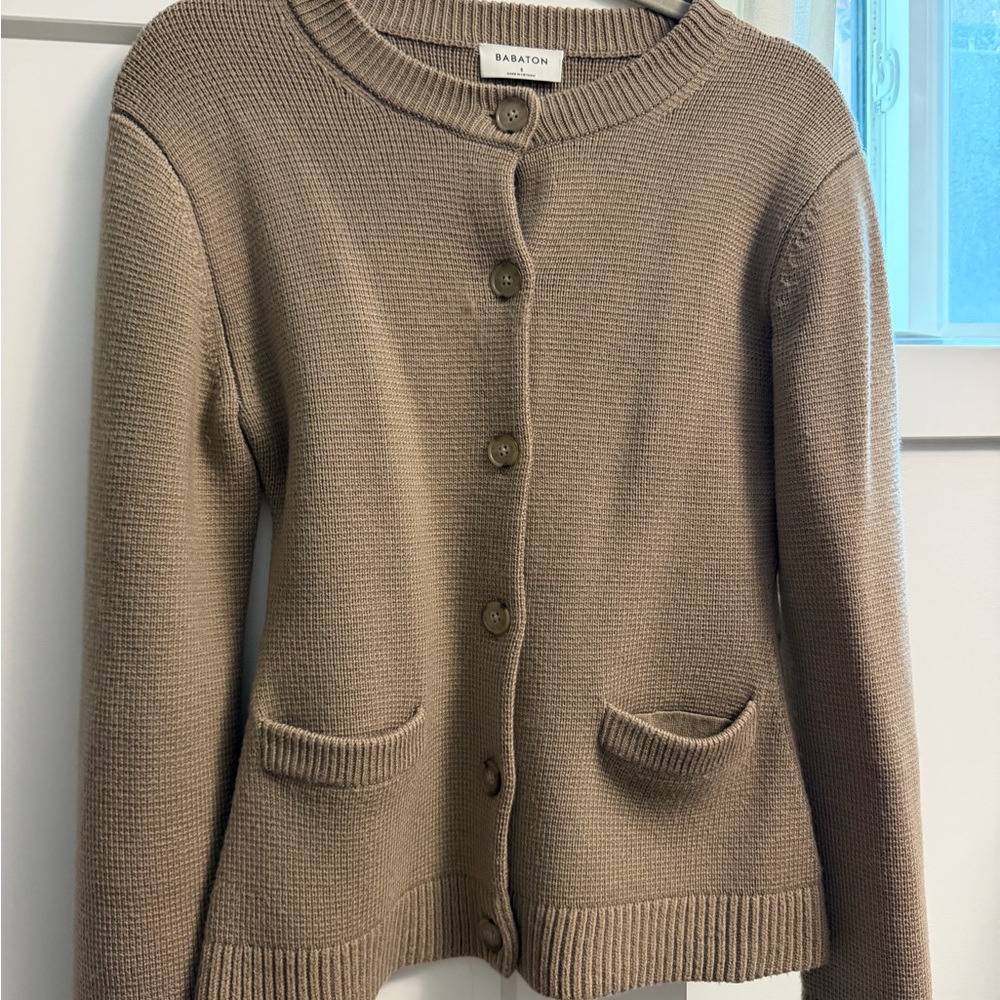 Babaton Taupe Button-Front Knit Cardigan